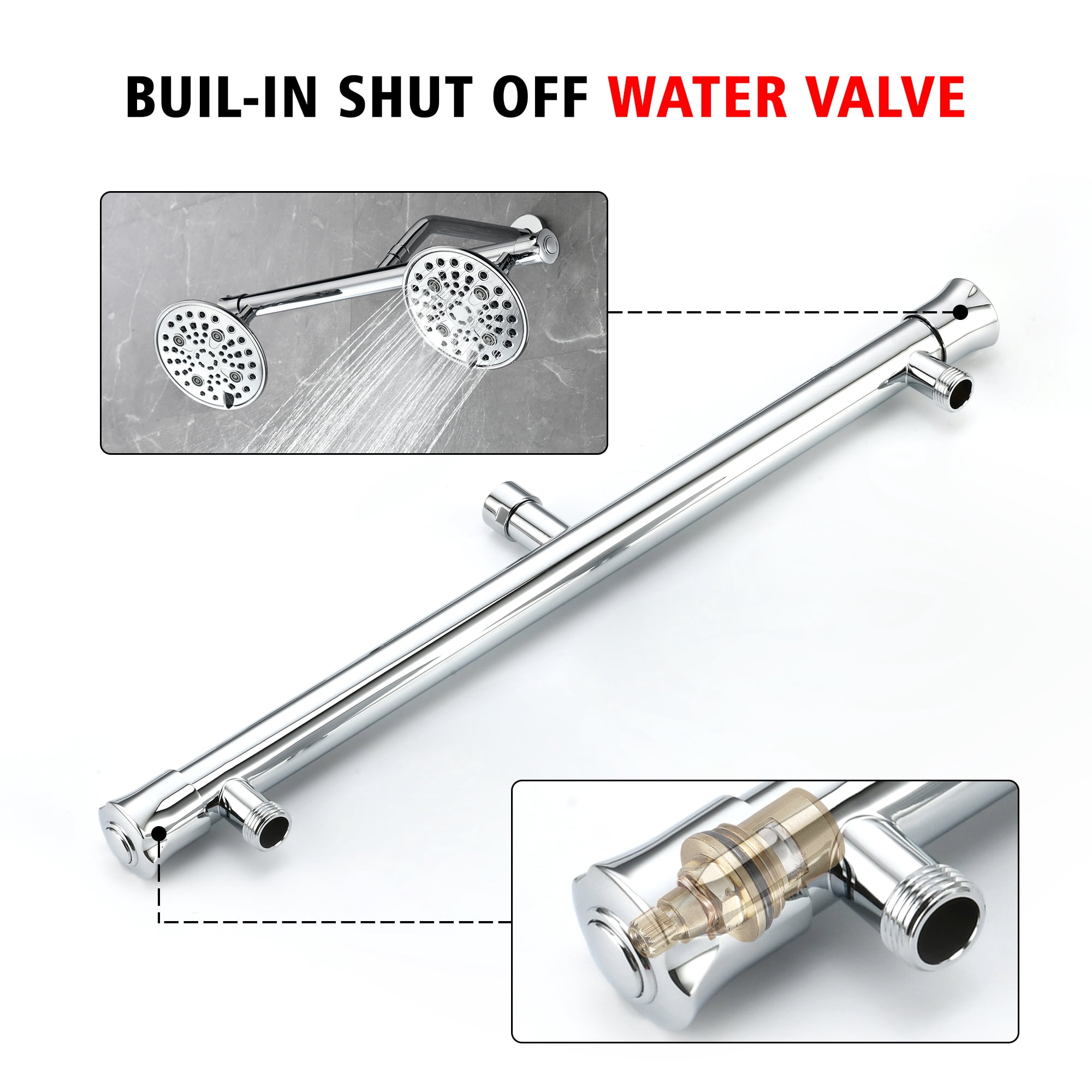 sumerain Dual Showerhead Combo with Built-In Shut-Off Valve, 6 Settings and 20 Inch Long Shower Arm for Couples, Chrome Finish