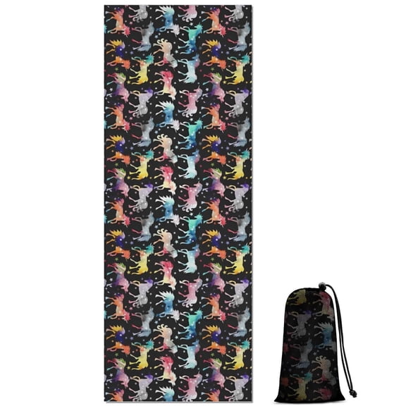 Black Colorful Horse Pattern Hot Yoga Mat Towel Non Slip for Hot Yoga - Quick-Drying Yoga Mat Cover with 4 Corner Pockets with Travel Bag - Hot Yoga Towel Non Slip Grip Moisture Wicking Sweat 70"x26"