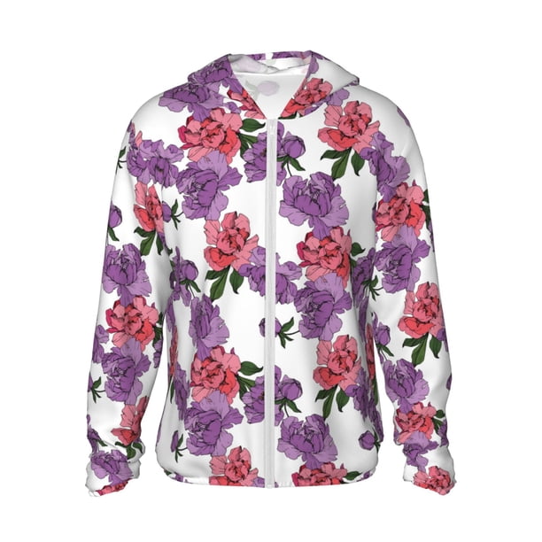 Fotbe Peonies Chaqueta con Protección Solar UPF 50+ para Hombre y Mujer, Camisa con Capucha y Bolsillos-X-Large