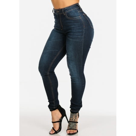 Casual Classic Womens Juniors One Button High Rise High Waisted Dark Blue Stretchy Skinny Jeans