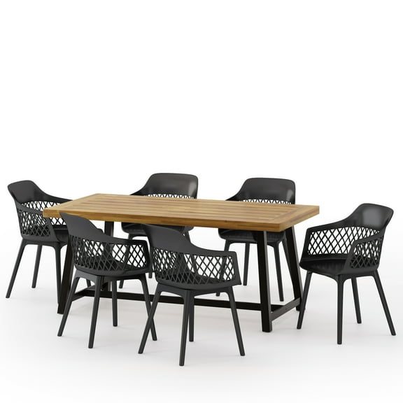 Strada Wood and Resin Outdoor 7 Piece Dining Set, Black and Sandblasted Teak