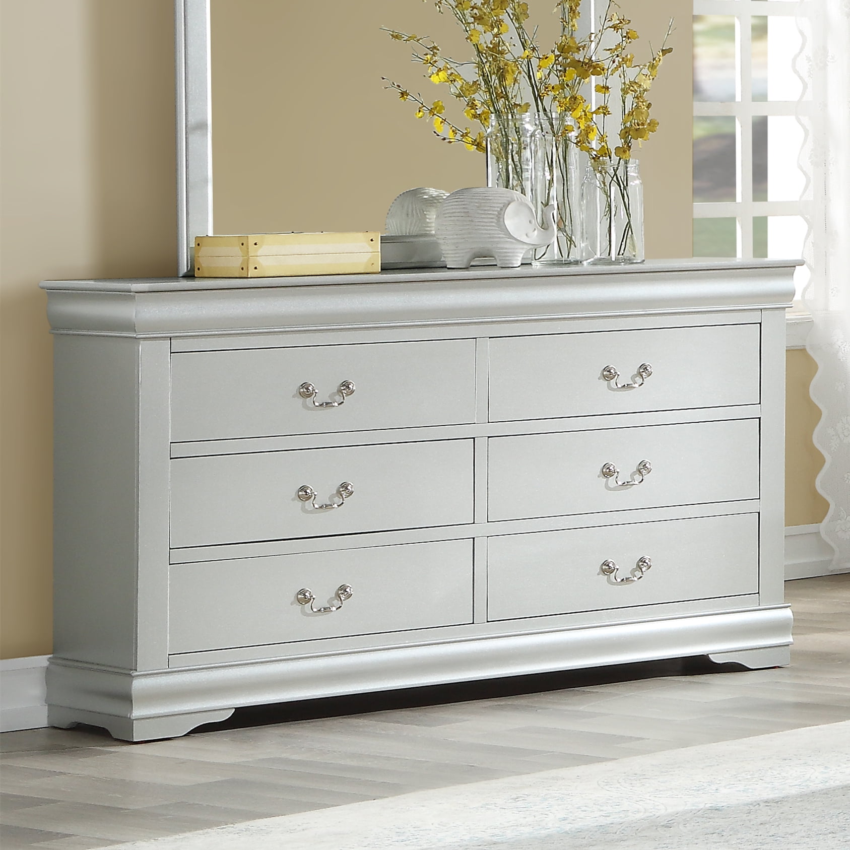 Traditional 57in Dresser with 6 Storage Drawers Metal Handles for