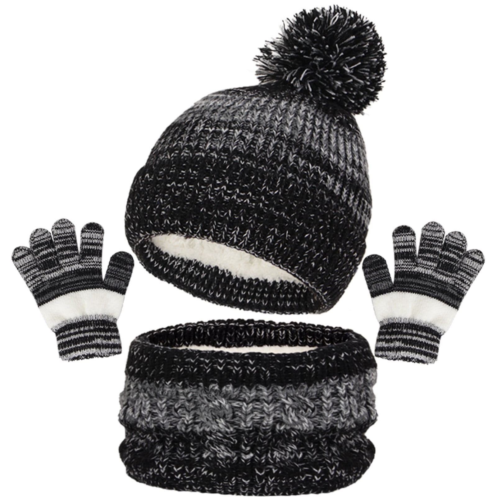 Set Bonnet Écharpe Gants Hiver Enfant - Tricot Pompon Écran Tactile 3-12 Ans Fille Garçon