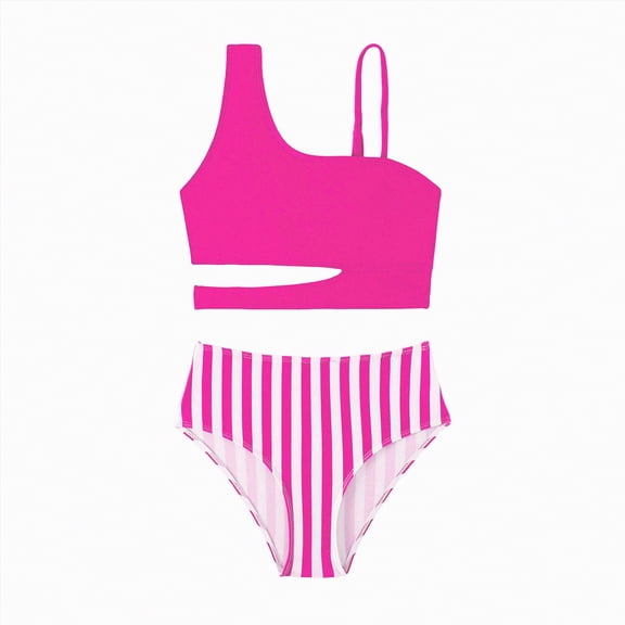 Myshe Girls Swimsuits Two Piece Bikini Set One Shoulder Cut Out Bathing Suit Quick Dry Beach Girls' Striped Swimwear Hot Pink,4-5 Years