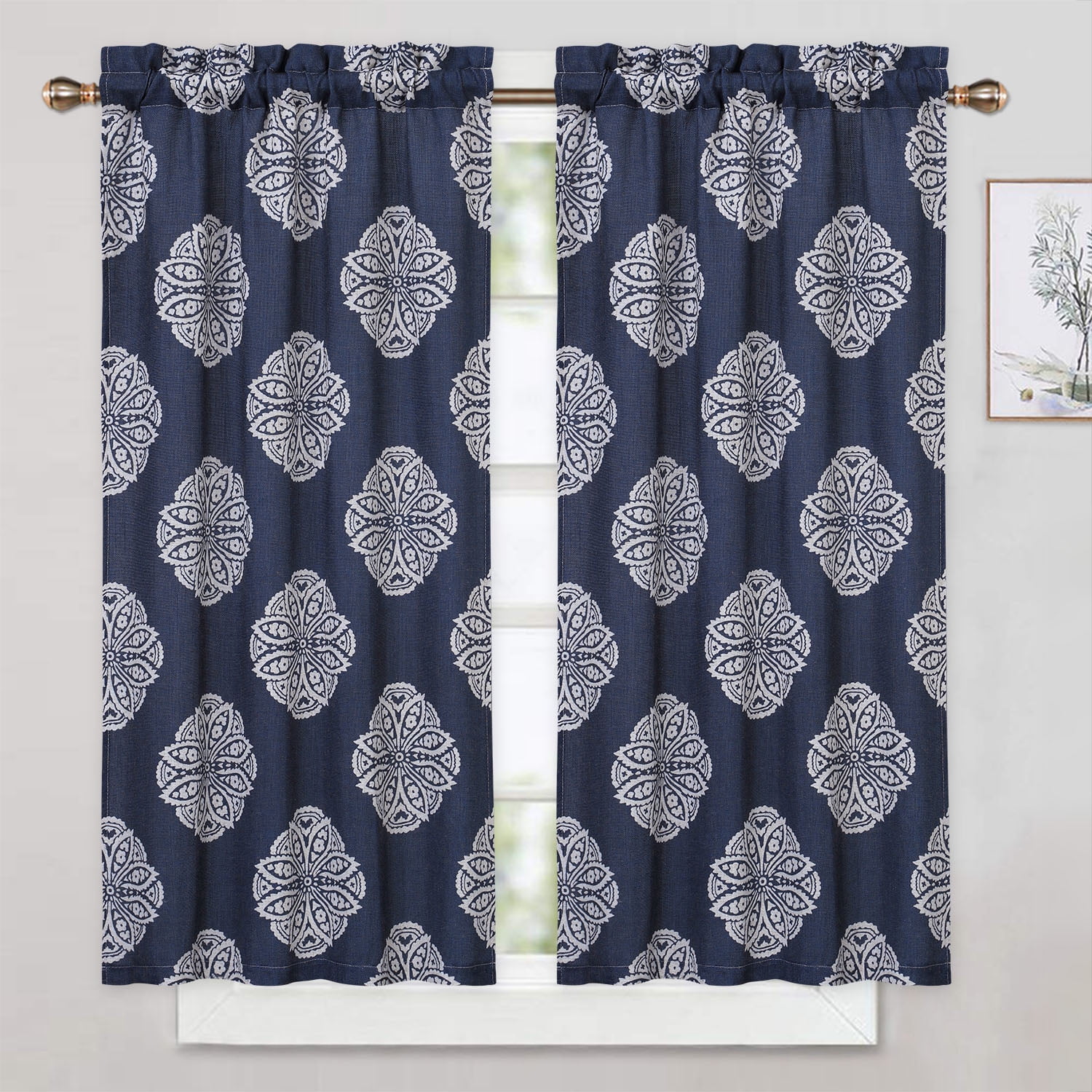 CAROMIO Tier Curtains 30 Inch Length Floral Medallion Damask Print Linen Blended Short Tier Curtains for Kitchen Cafe Small Half Window Curtains for Bathroom Dark Navy