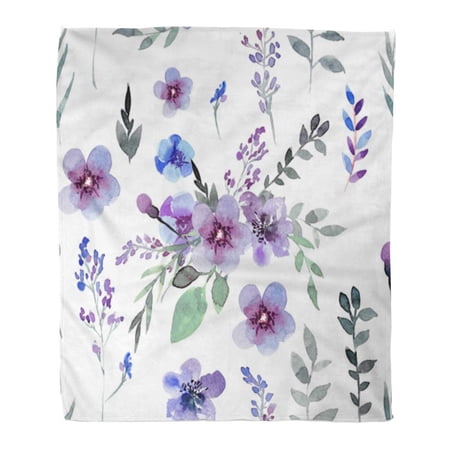 SIDONKU Throw Blanket Warm Cozy Print Flannel Colorful Pattern of Flowers in Blue and Purple Colors Watercolor Green Small Comfortable Soft for Bed Sofa and Couch 58x80 Inches