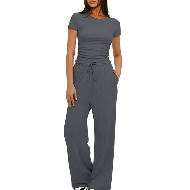 Birdeem Ensemble 2 Pcs Femme Mode Col Rond Uni Blouse à Manches Courtes + Pantalon Long Taille Élastique