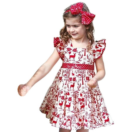 

Ma&Baby Toddler Girls Summer Dress Kids Baby Deer Printed Short Sleeve Princess Party Wedding Bow Dresses