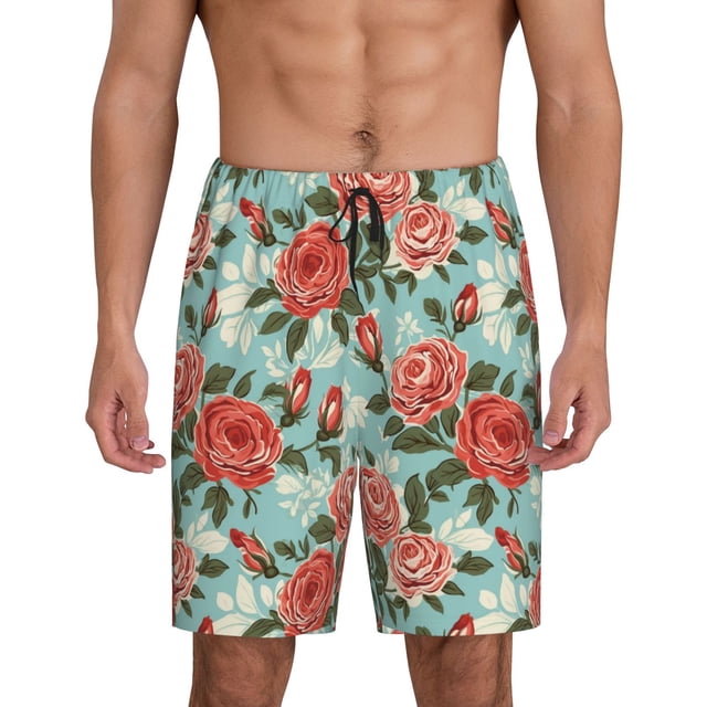 Balery Rose Flowers Pantalones cortos de pijama de punto de algodón para hombre con cinturilla y bolsillos-4X-Large