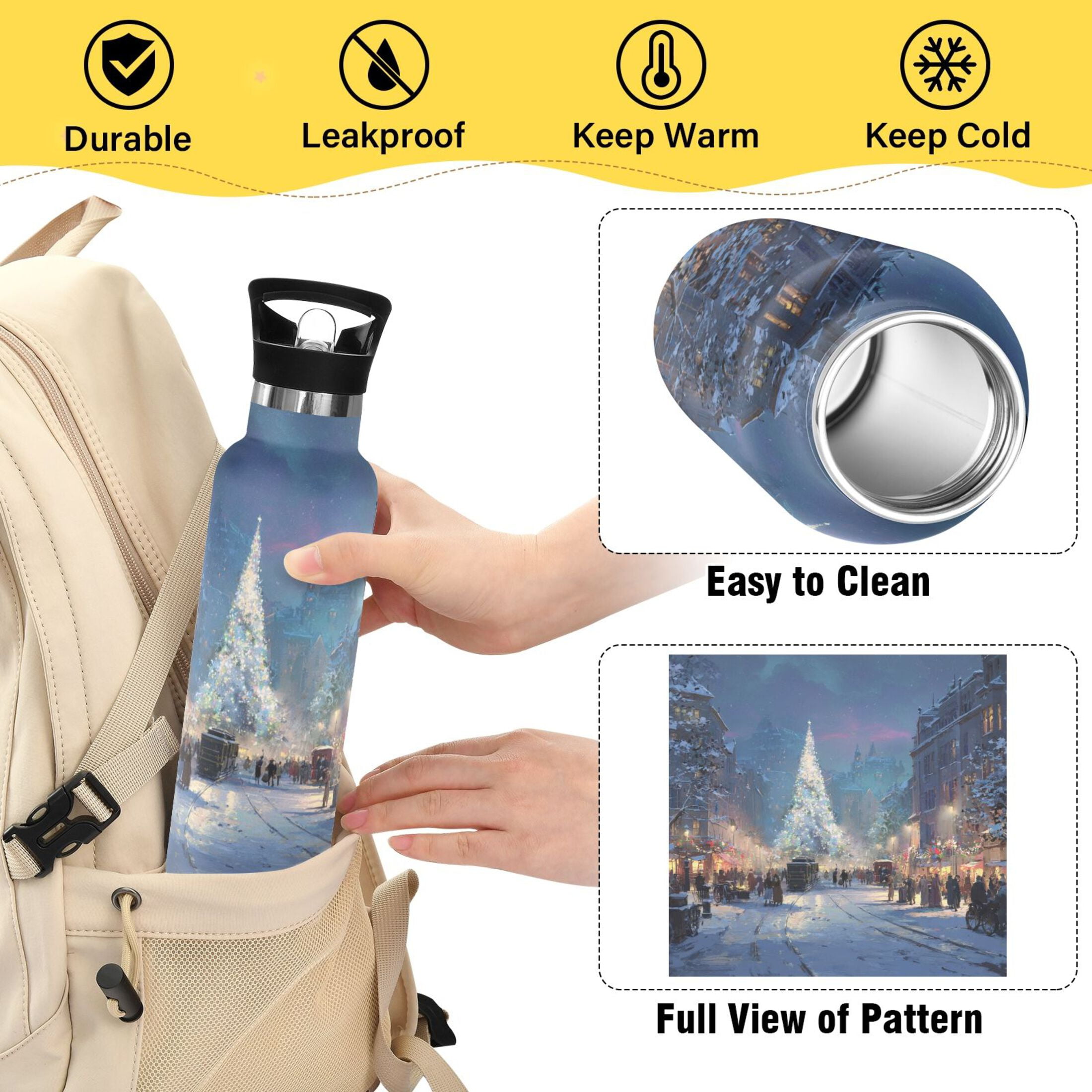 600ML Stainless Steel Insulated Cup Sports Water Bottle Portable Thermos Cup Water Glasses Insulated Tumblers Convenient and Durable Christmas Snow Scene