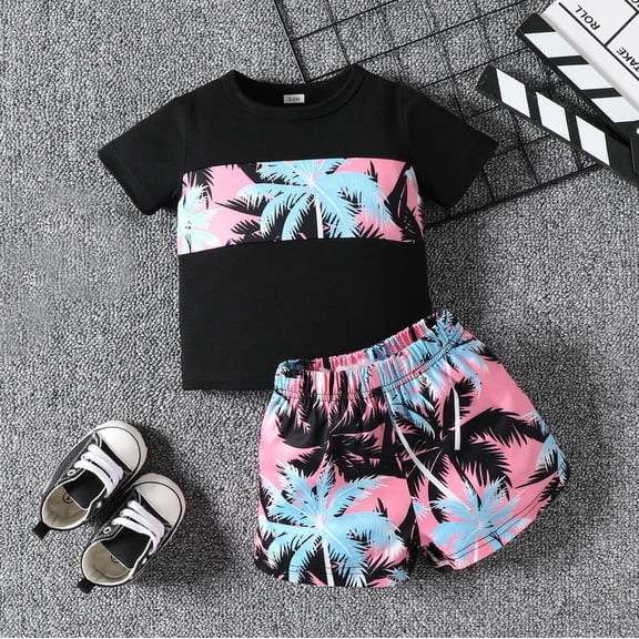 Boys Summer Outfits 2 Piece Crew Neck Hawaii Floral Print Short Sleeve T Shirt Tops And Shorts for Casual Baby Boys' Clothing Sets Black 9 Months-12 Months