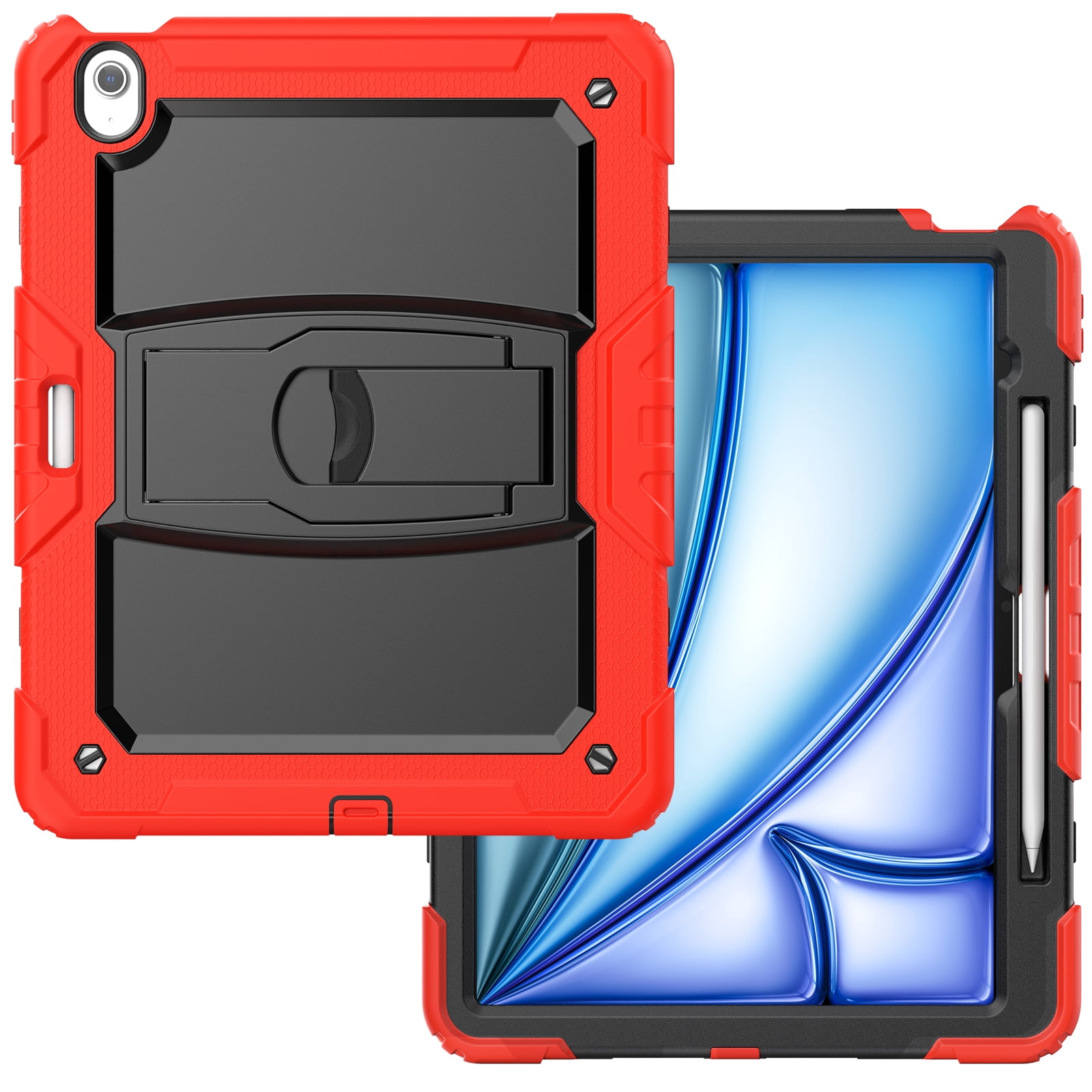 Rugged Case For Apple iPad Air 13 (2024) – 3-Layer Protection Shockproof Stand Cover with Screen Protector, Adjustable Stand, Shoulder Strap, & Pencil Holder -- Red