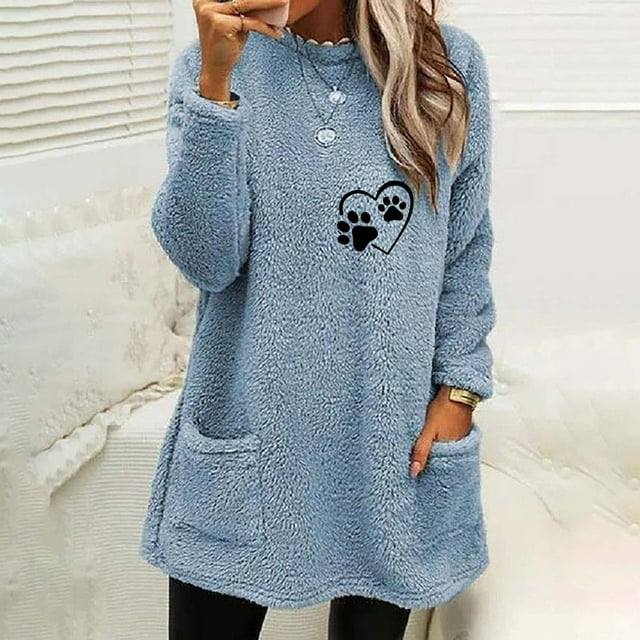 Qertyioot Hauts Grande Taille pour Femmes, Blouse à Manches Longues Chaude pour Femmes à Col Rond et d'Hiver, Ample, Imprimée, avec Poche
