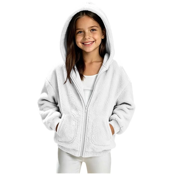 Lmnyox Kid's Fleece Jackets Winter Warm Solid Color Zip Up Coats Casual Hooded Jackets with Pockets