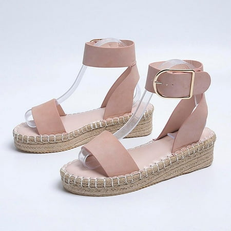 

Zanvin Womens Sandals Clearance Summer Ladies Shoes Slope Heel Thick Soled Straw Woven Metal Buckle Women s Sandals Pink 39
