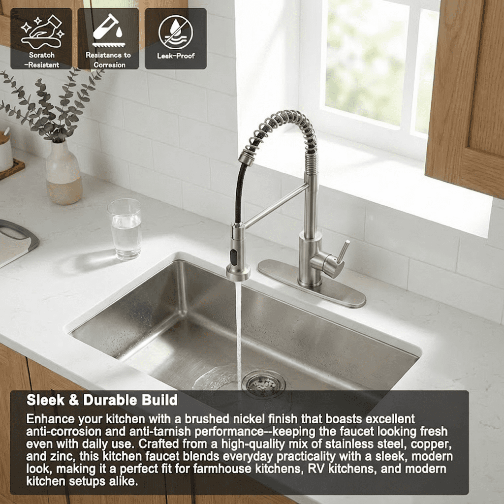 Kitchen Faucet with Pull Down Sprayer Industrial 1 Handle 1 Hole or 3 Hole Faucet for Farmhouse Camper Laundry Utility,Nickel