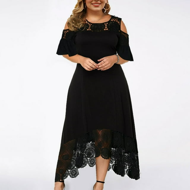 Yuwull Robe Grande Taille pour Femmes en Maille Dentelle à Empiècements Semi-Formelle Robe de Soirée Robe de Mère de la Mariée Ample Élégante Unie Longueur Genou avec Poche