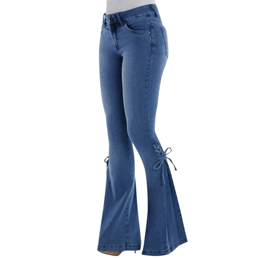 Dark Blue,XXL Pants For Women Jeans Sagton Women Summer Elastic Plus Loose Denim Bow Casual Boot Cut Pant Jeans For Valentines Day present