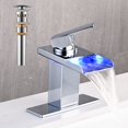 thumbnail image 1 of AVSIILE Grifo para fregadero de baño LED, cascada cromada, mango único, grifos de tocador para fregaderos, 1 orificio con desagüe emergente de metal y 2 líneas de suministro de agua, boquilla de acero, 1 of 7