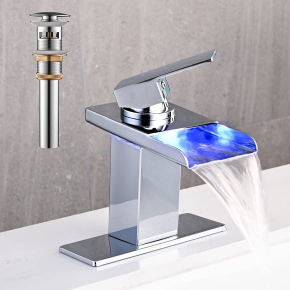 AVSIILE Grifo para fregadero de baño LED, cascada cromada, mango único, grifos de tocador para fregaderos, 1 orificio con desagüe emergente de metal y 2 líneas de suministro de agua, boquilla de acero
