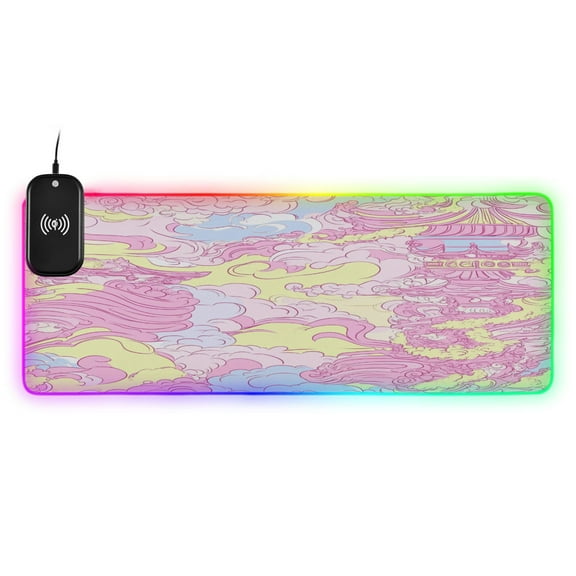 Pink Sky Tower Wireless Charging RGB Gaming Mouse Pad 31.5x11.8in with 14 Lighting Modes and Non-Slip Base