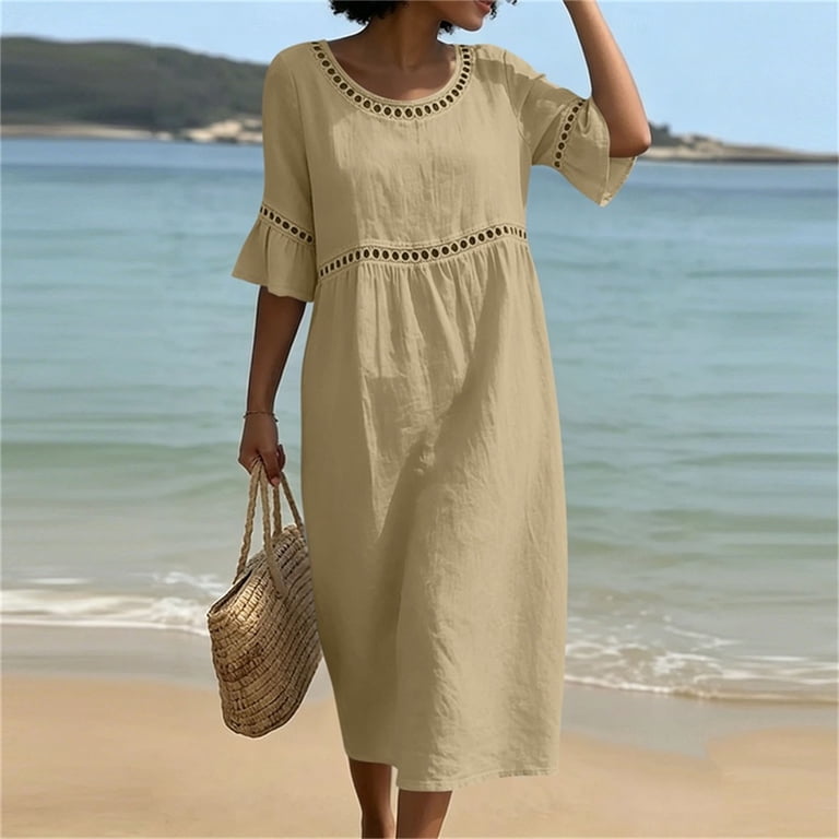 cotton blend summer dresses Women's Summer Cotton Linen Dress Casual 2025 V-Neck 3/4 Sleeve Ruffled  Modest Knee-Length Loose Midi A-Line Blue at Amazon Women's Clothing store