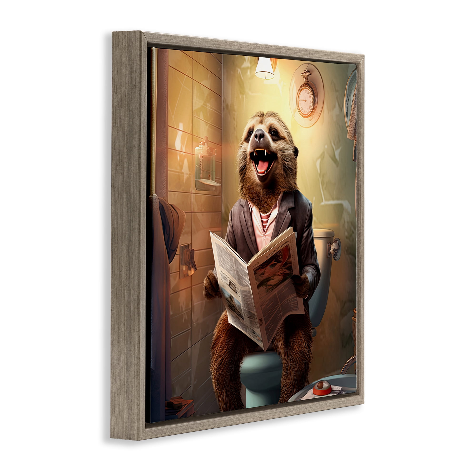 Stupell Industries Smiling Sloth on Toilet Typography Painting Brown Floater Framed Canvas Art Print Wall Art, 18 x 18