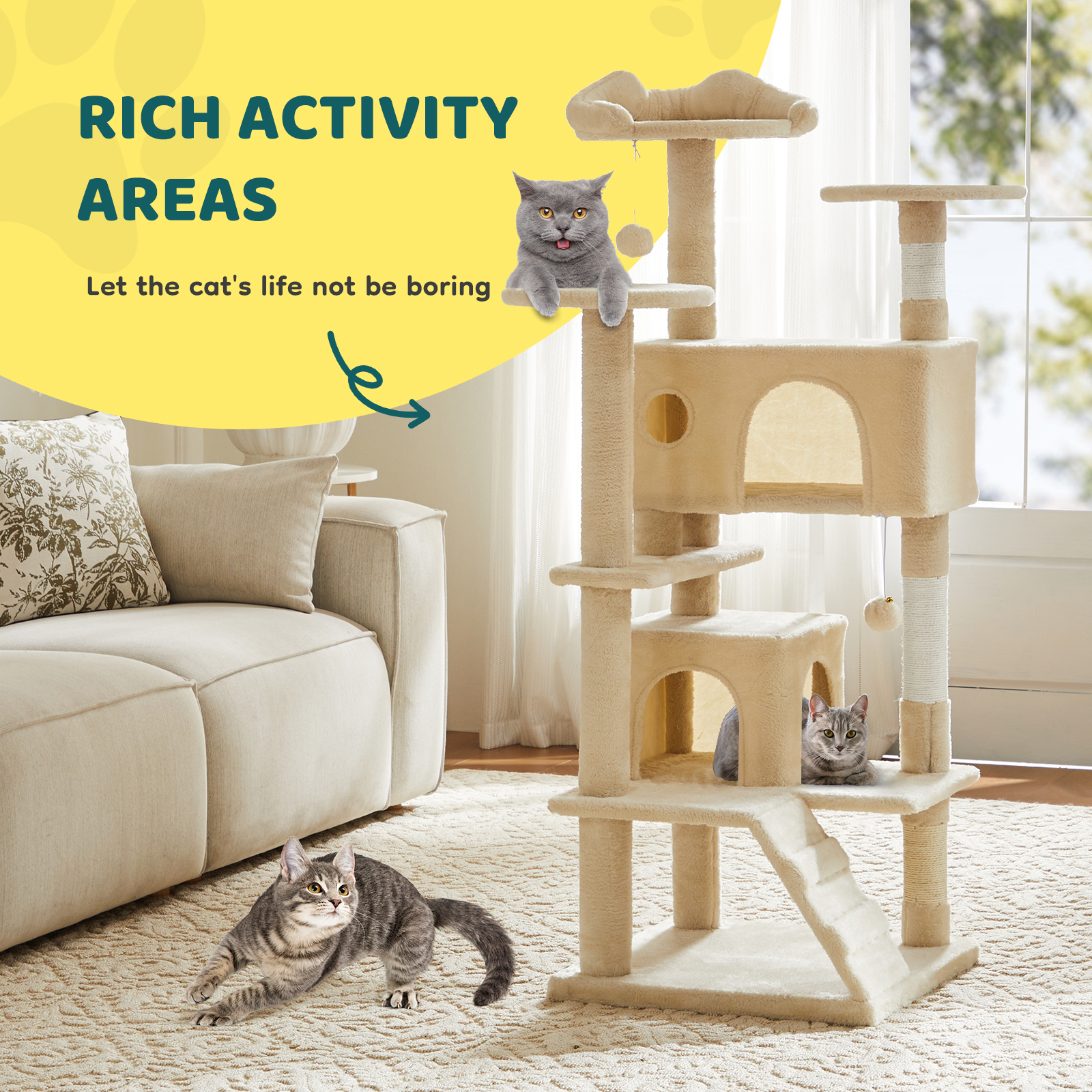 MCQ 54" Cat Tree Tower Multi-level with Scratching Post, Large Condo for Indoor, Beige