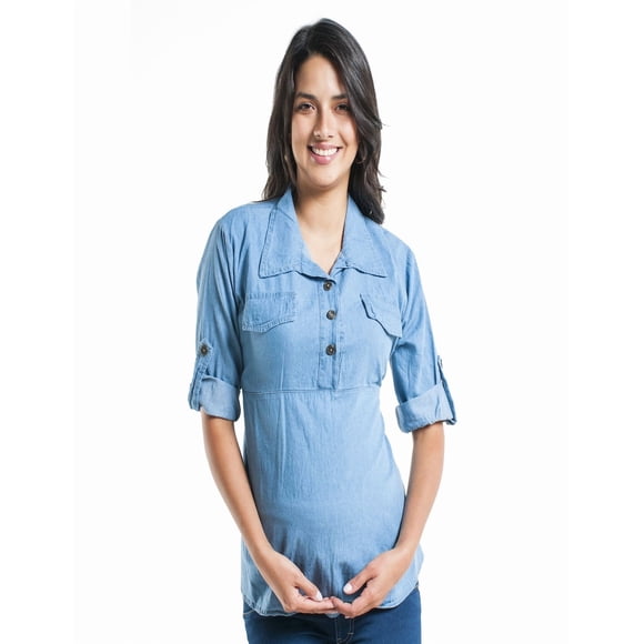 Blusa Maternidad Mezclilla Cómoda Ropa Embarazo Blusa Mujer Casual Manga Ajustable Bolsas Color Azul Claro