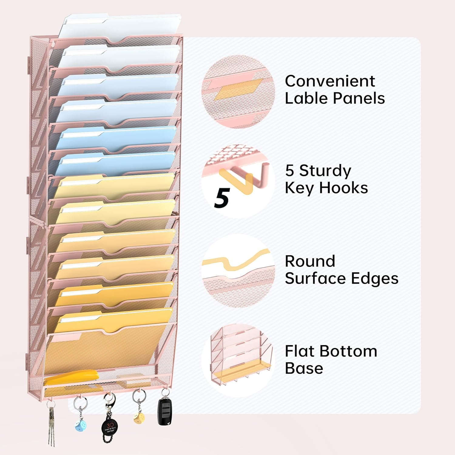 INTIGE 13-Tier Metal Wall File Organizer with Hooks, Hanging Paper Organizer, Pink, Screw Mount