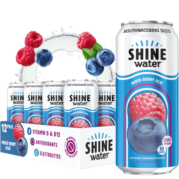 Shine Water Mixed Berry Acai Vitamin D Electrolyte Drinks 12-Pack, Sugar Free Flavored Water with Magnesium, Zinc & Antioxidants, Low Calorie Hydration