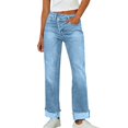 thumbnail image 3 of Women's Irregular Waistband Denim Jeans, Elastic Stretch Retro Streetwear Straight Leg Pants, Casual Distressed Jeans for Women, Unisex Baggy Trousers Sky Blue M, 3 of 5