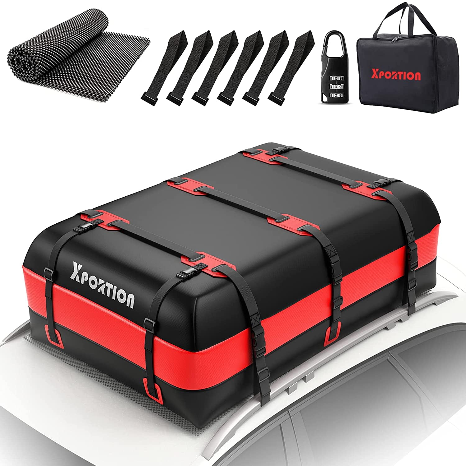 XPORTION Rooftop Cargo Carrier,20 Cubic Feet Car Roof Bag，Waterproof Rooftop Cargo Carrier Bag for All Cars with/Without Rack，Contains Non-Slip Mats Hoor Hooks Reinforcement Straps 