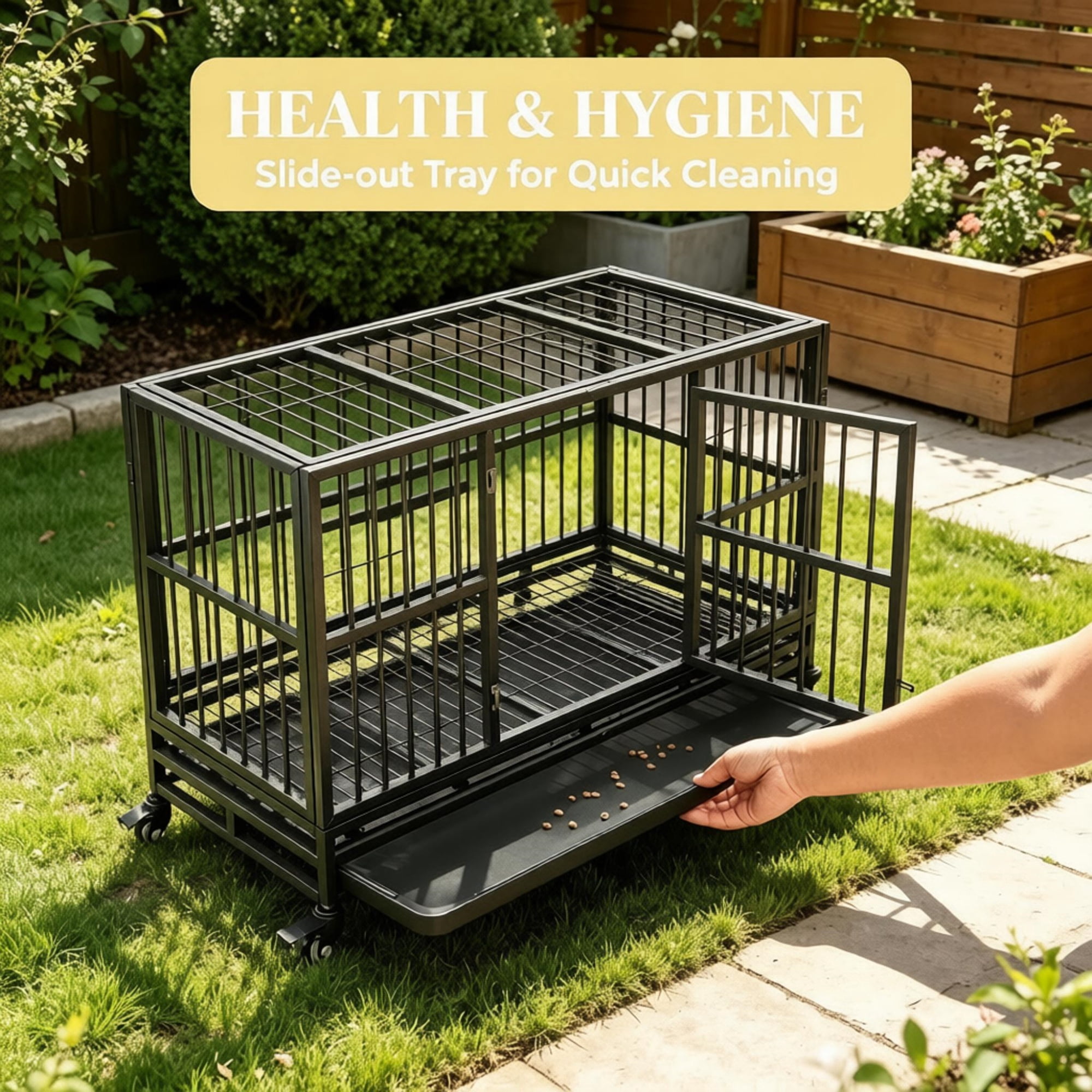 48" Heavy Duty Metal Dog Crate Kennel with Lockable Wheels Double Door Removable Tray, Gray