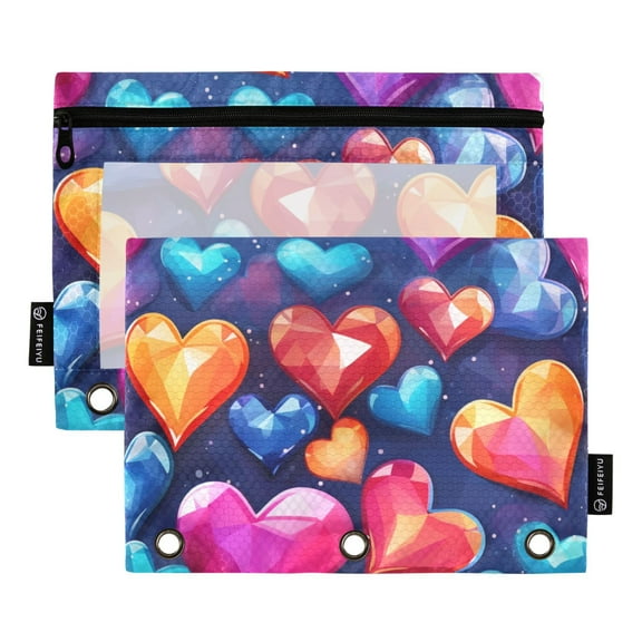 2 Pack Pencil Pouch for 3 Ring Binder Colorful Hearts Pencil Case Clear Window Zipper Pencil Bag Organizers