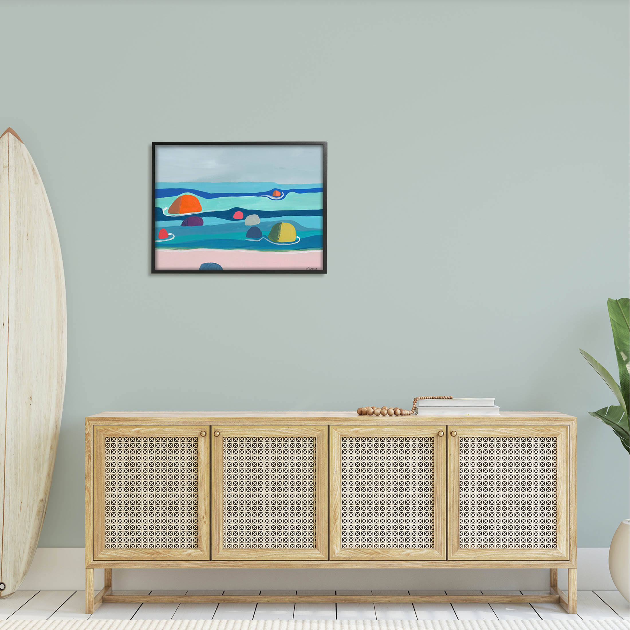 Modern Floating Beach Buoys Coastal Painting Black Framed Art Print Wall Art
