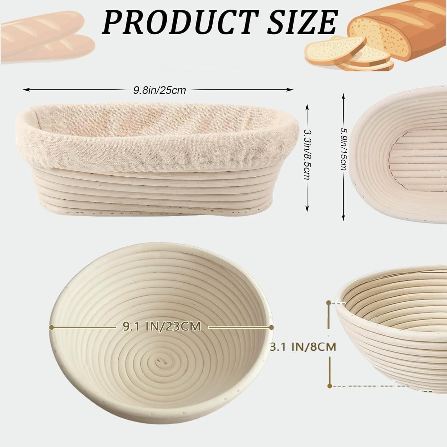 ALLJOY 2pcs Banneton Bread Proofing Basket with 2 Bread Bag，9 Inch Round & 10 Oval Cane Sourdough Bread Proofing Baskets Baking Supplies，Sourdough Starter Kit
