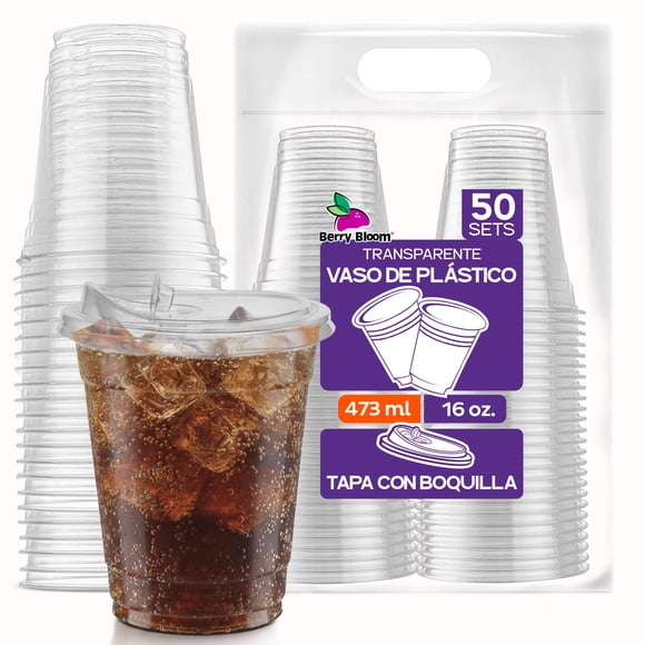 50 Vasos Desechables De Plástico Con Tapa Boquilla 16oz Transparente