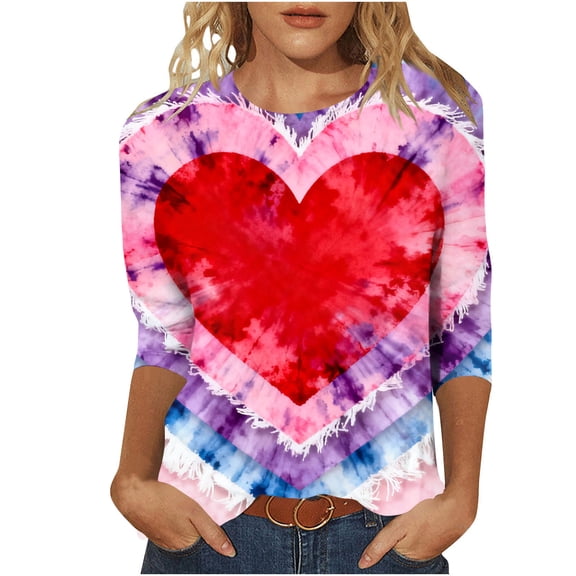 KIHOUT Fashion Tops Women's Valentine's Day Printed T-shirt Mid-length 3/4 Sleeves Blouse Round Neck Casual Tops,Size S-2XL