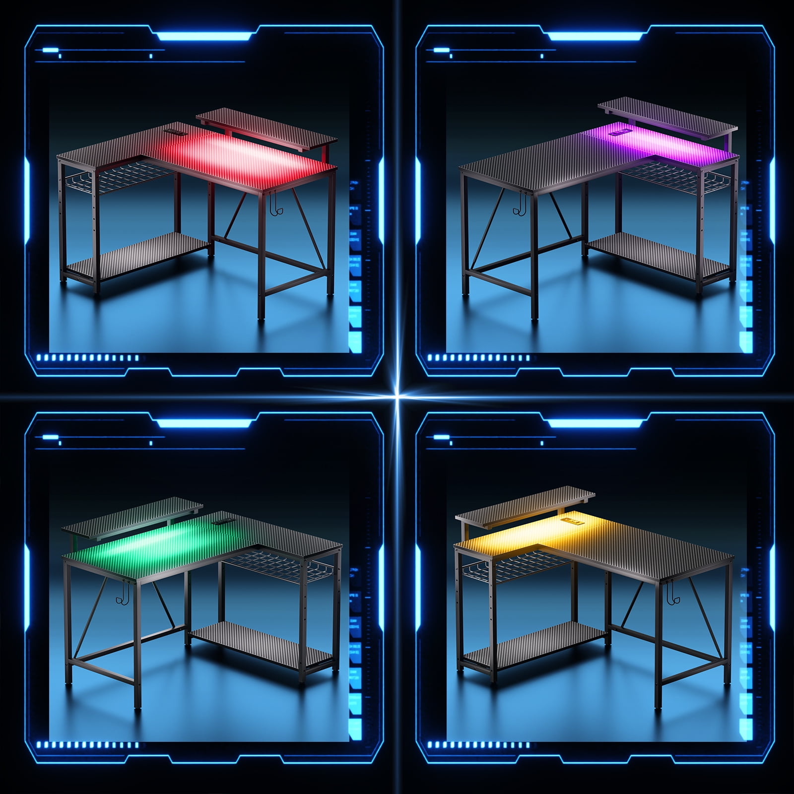RSPGAME 42" Reversible L-Shaped Gaming Desk: Equipped with Power Outlets, LED Lights, Adjustable Shelves & Hooks for Small Spaces ,Bedrooms & Offices, Carbon Fiber Black