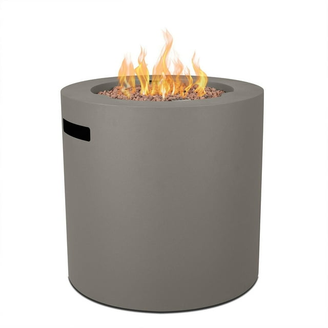 Aegean 24-inch round steel propane fire pit table with hidden tank, featuring burning flames over lava rocks.
