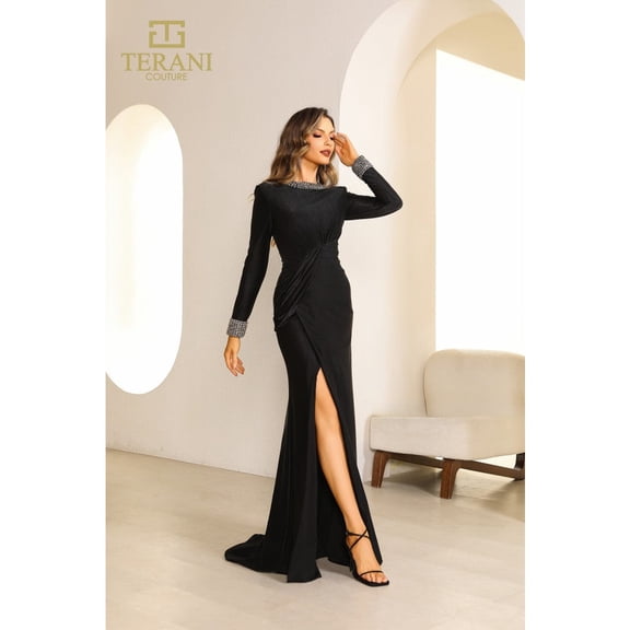 Terani Couture 251m4433 Round Neck Full Sleeves Stretch Bodycon Metallic Sheath Long Dress Powder-blue 8