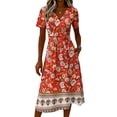thumbnail image 5 of Minjewel Ladies Floral Casual Fashionable Short Sleeve V-Neck Dress for Spring Summer Women's Daily Casual Wear,Saffron,2XL, 5 of 6