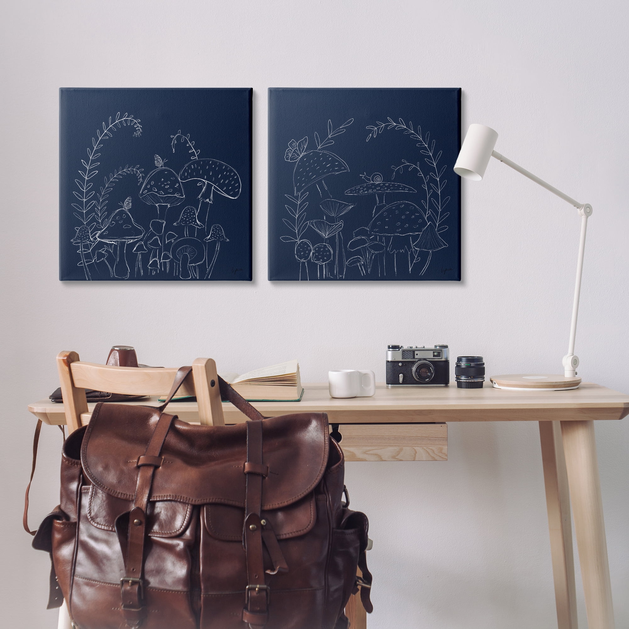 Stupell Industries Minimal Happy Mushroom Garden Floral & Botanical Painting Wrapped Canvas Art Print Wall Art, 24 x 24, Set of 2
