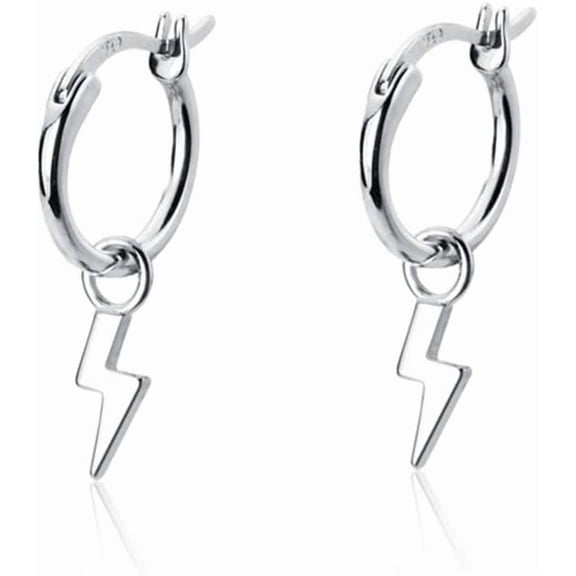Small Lightning Bolt Dangle Hoop Earrings for Women Girls Sterling Silver Dipped Huggie Personalized Drop Clip Hypoallergenic Stud Delicate Charm Punk Fashion Jewelry Chic Silver-Tone
