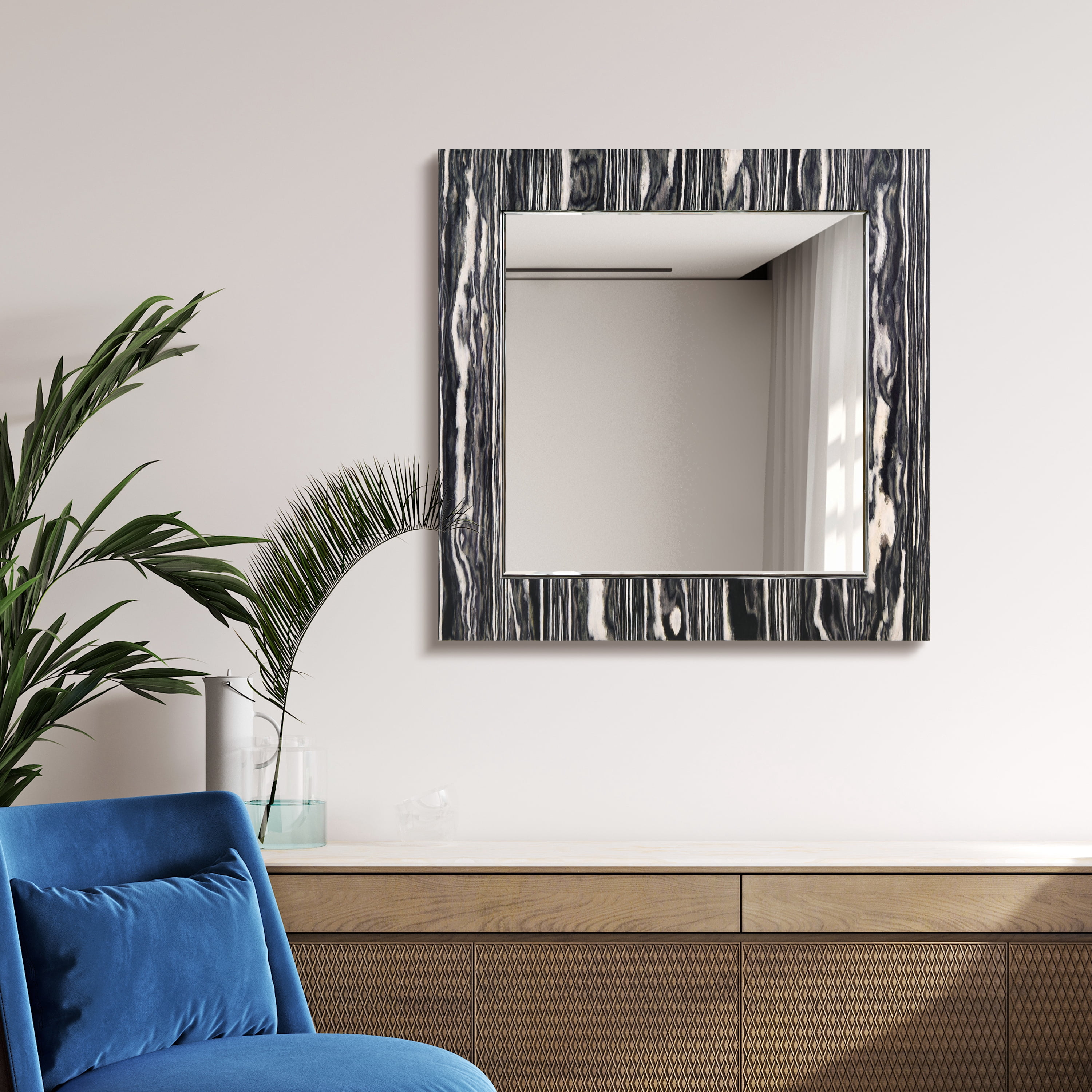 "Zebra Elegance Wall Mirror", 32"x32" Square Mirror Featuring a 24"x24" Beveled Center on a 4" Exotica Stained Veneer Frame