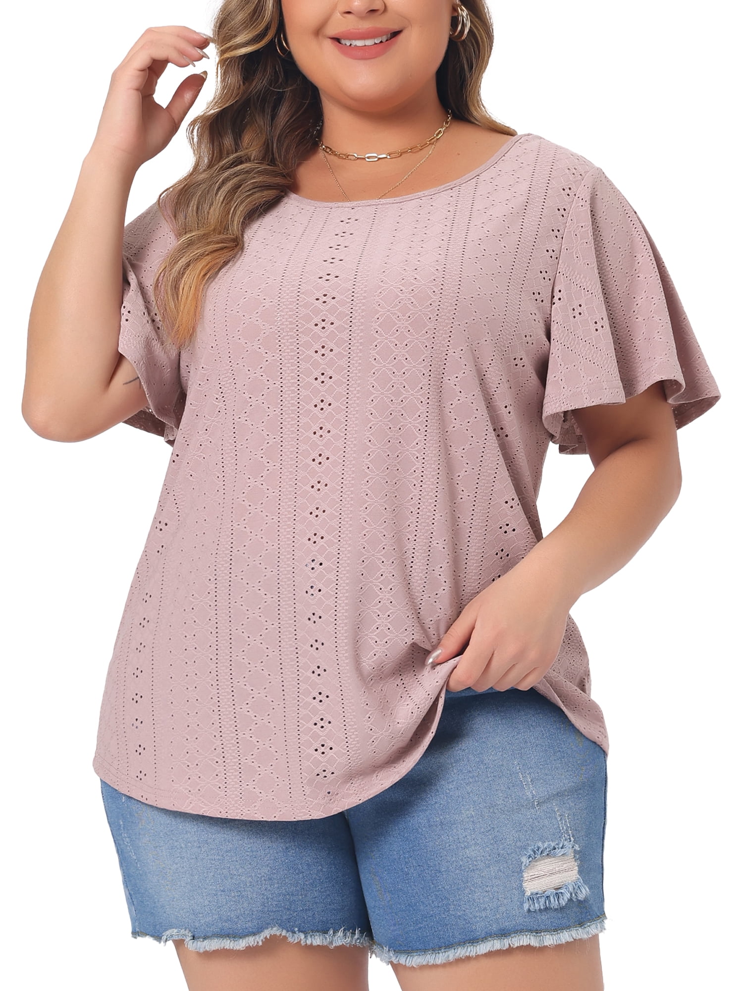 DARING DIVA Women's Plus Round Neck Hollow Flare Sleeve Casual Blouse 1X Pink