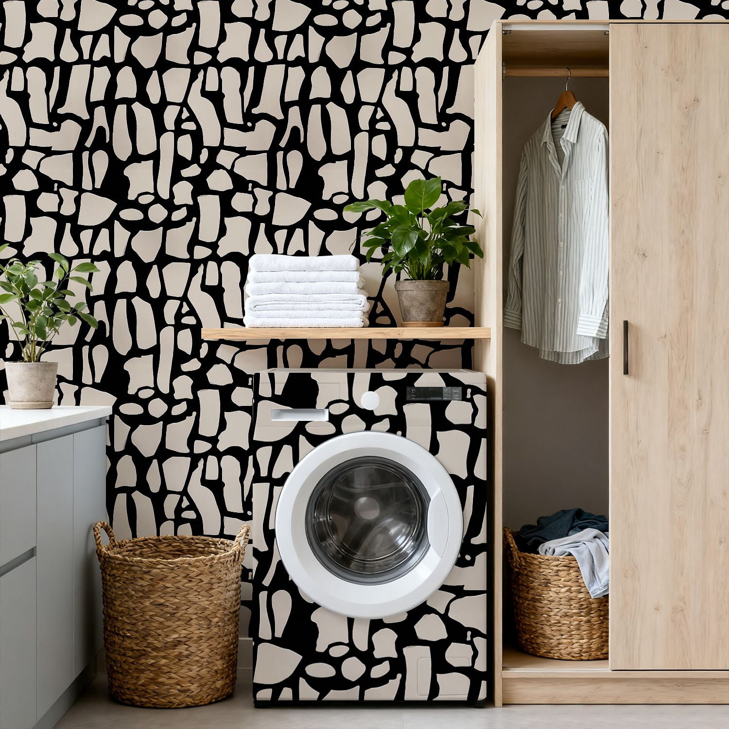 Peel and Stick Wallpaper Abstract Black Beige Fragmented Geometric Wall Mural 17.7in x 9.8ft Self Adhesive Removable Wall Paper Renter Friendly Wallpaper for Nursery Bedroom Cabinets