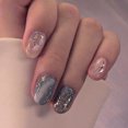 thumbnail image 1 of 24pcs Gray blue marble pattern short false nails round head press on nails with designs, 1 of 7