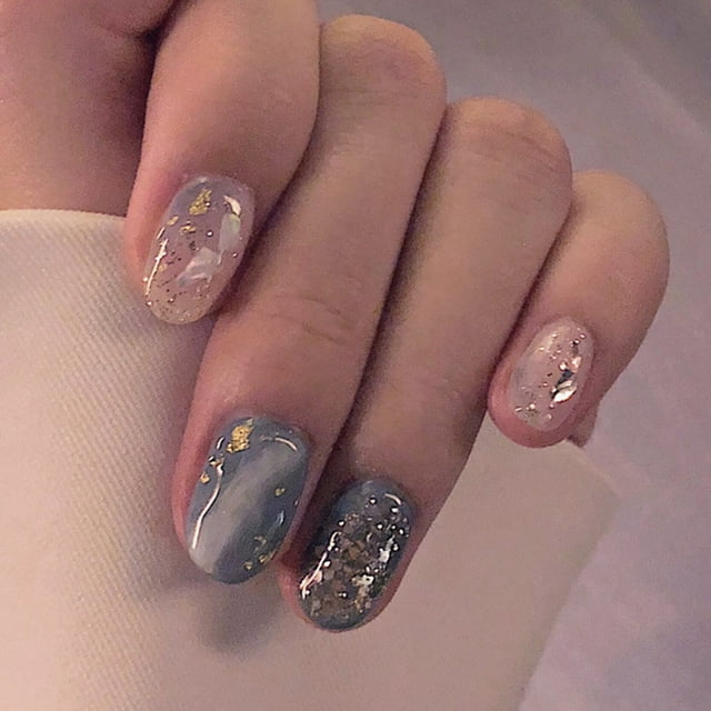 24pcs Gray blue marble pattern short false nails round head press on nails with designs